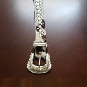 Cow skin belt with silver hardware